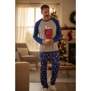 Peanuts Charlie Brown Mens Holiday PJ Set Blue Size M